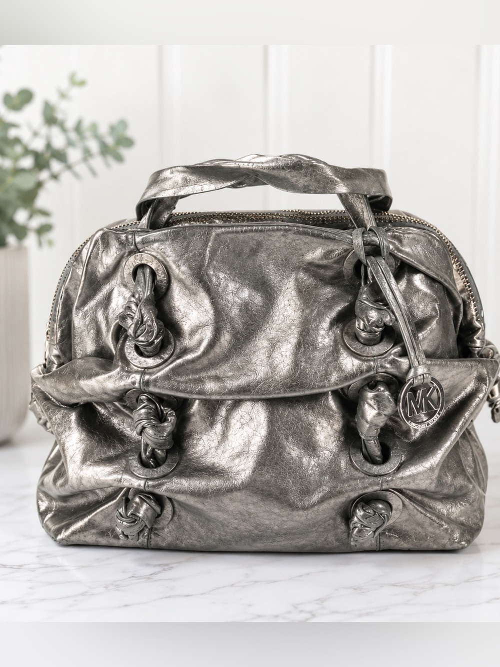 Michael Kors Large Metallic Gathered Leather Zuma Bag Gunmetal gray